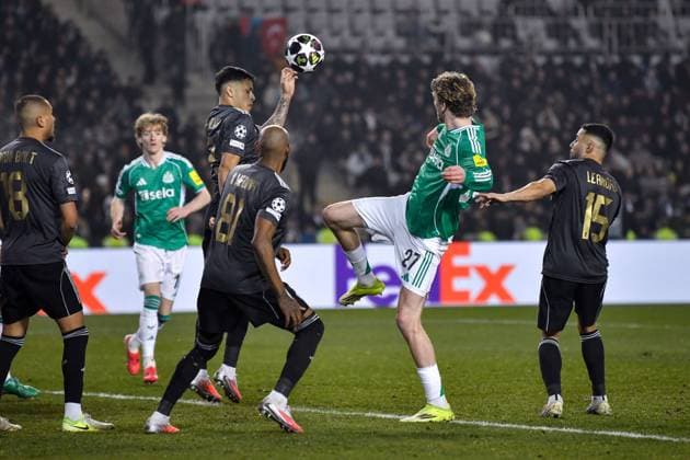 Nick Woltemade of Newcastle United Football Club kicks the ball and onto theMatheus Silva of Qarabag FK hand Qarabag v Newcastle United, UEFA Champions League, Knockout Round Play-Offs, First Leg, Football, Tofig Bahramov Republican Stadium, Baku, Azerbaijan - 18 Feb 2026Baku Tofig Bahramov Republican Stadiu Azerbaijan EDITORIAL USE ONLY No use with unauthorised audio, video, data, fixture lists, club league logos or live services. Online in-match use limited to 120 images, no video emulation. No use in betting, games or single club league player publications. Copyright: xElmirxKarimov Shutterstockx 16660416ba