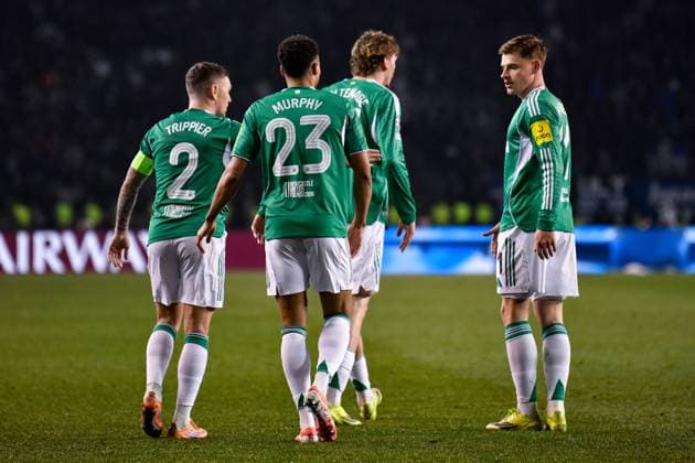 Jacob Murphy of Newcastle United Football Club celebrates his goal with Nick Woltemade of Newcastle United Football Club, Kieran Trippier of Newcastle United Football Club and Harvey Barnes of Newcastle United Football Club Qarabag v Newcastle United, UEFA Champions League, Knockout Round Play-Offs, First Leg, Football, Tofig Bahramov Republican Stadium, Baku, Azerbaijan - 18 Feb 2026Baku Tofig Bahramov Republican Stadiu Azerbaijan EDITORIAL USE ONLY No use with unauthorised audio, video, data, fixture lists, club league logos or live services. Online in-match use limited to 120 images, no video emulation. No use in betting, games or single club league player publications. Copyright: xElmirxKarimov Shutterstockx 16660416cg