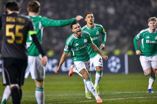 Jacob Murphy of Newcastle United Football Club runs off to celebrate after scoring Qarabag v Newcastle United, UEFA Champions League, Knockout Round Play-Offs, First Leg, Football, Tofig Bahramov Republican Stadium, Baku, Azerbaijan - 18 Feb 2026Baku Tofig Bahramov Republican Stadiu Azerbaijan EDITORIAL USE ONLY No use with unauthorised audio, video, data, fixture lists, club league logos or live services. Online in-match use limited to 120 images, no video emulation. No use in betting, games or single club league player publications. Copyright: xElmirxKarimov Shutterstockx 16660416ce