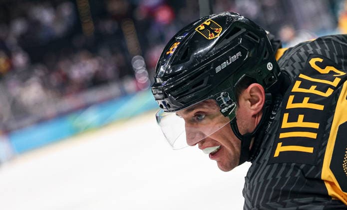 (260218) -- MILAN, Feb. 18, 2026 -- Frederik Tiffels of Germany reacts during the Ice hockey, Eishockey men s play-offs quarterfinal between the Slovakia and Germany at the Milan-Cortina 2026 Olympic Winter games, Winterspiele,Spiele, Summer games in Milan, Italy, Feb. 18, 2026. ) (MICO2026)ITALY-MILAN-OLYMPIC WINTER GAMES-ICE HOCKEY-MEN-PLAY-OFFS QUARTERFINALS-SVK VS GER WangxKaiyan 