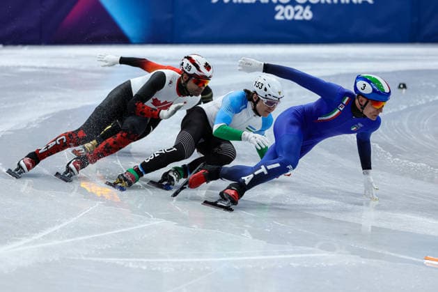 Pietro Sighel (ITA) followed by Daniil Eybog (UZB) and Maxime Laoun (CAN) during the Olympic Winter games, Winterspiele,Spiele, Summer games Milano-Cortina 2026, Short Track Speed skating, Eisschnelllauf Men s 500m Finals on February 18, 2026 at Milano Ice Skating Arena in Milan, Italy  Copyright: xFabrizioxCarabelli IPAxSportx xipa-agency.netx xx IPA_71700102 IPA_Agency_IPA71700102
