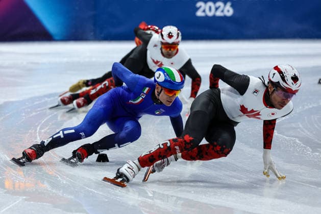 William Dandjinou (CAN) followed by Pietro Sighel (ITA) during the Olympic Winter games, Winterspiele,Spiele, Summer games Milano-Cortina 2026, Short Track Speed skating, Eisschnelllauf Men s 500m Finals on February 18, 2026 at Milano Ice Skating Arena in Milan, Italy  Copyright: xFabrizioxCarabelli IPAxSportx xipa-agency.netx xx IPA_71700108 IPA_Agency_IPA71700108
