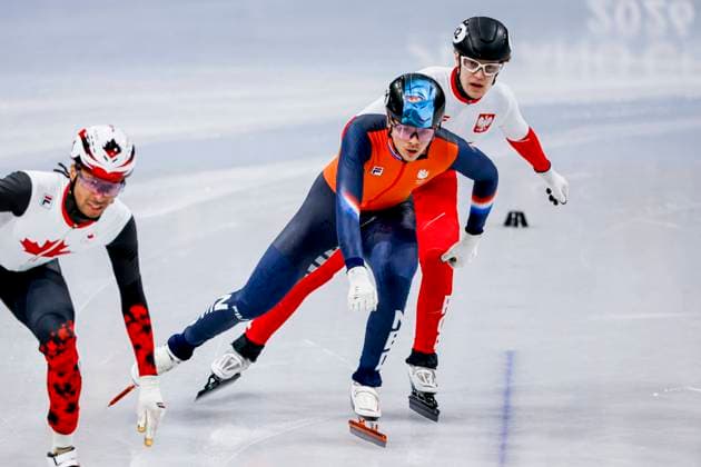 William Dandjinou of Canada and Melle van t Wout of the Netherlands and Felix Pigeon of Poland Men s 500m Semifinals, Milano Cortina 2026 Winter Olympics: Day 12, Short Track Speed skating, Eisschnelllauf - Milano Cortina 2026 Winter Olympics: Day 12, Milano Speed Skating Stadium, February 18, 2026, Milan, Italy.