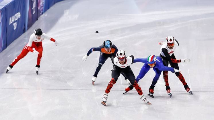 MILAN , 18-02-2026 , Milano Ice Skating Arena , Olympic Winter games, Winterspiele,Spiele, Summer games 2026 - Short Track 18-02 Men™s 500m Semifinals , Picture shows William Dandjinou, Melle van t Wout, Pietro Sighel, Maxime Laoun Olympic Winter Games 2026 - Short Track 18-02  x201713399x Copyright: