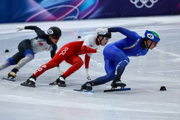 Lorenzo Previtali (ITA) followed by Felix Pigeon (POL) and Kazuki Yoshinaga (JPN) during the Olympic Winter games, Winterspiele,Spiele, Summer games Milano-Cortina 2026, Short Track Speed skating, Eisschnelllauf Men s 500m Finals on February 18, 2026 at Milano Ice Skating Arena in Milan, Italy  Copyright: xFabrizioxCarabelli IPAxSportx xipa-agency.netx xx IPA_71700763 IPA_Agency_IPA71700763
