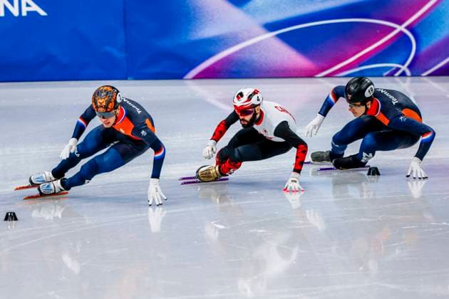 Jens van t Wout of the Netherlands and Steven Dubois of Canada and Teun Boer of the Netherlands Men s 500m Semifinals, Milano Cortina 2026 Winter Olympics: Day 12, Short Track Speed skating, Eisschnelllauf - Milano Cortina 2026 Winter Olympics: Day 12, Milano Speed Skating Stadium, February 18, 2026, Milan, Italy.