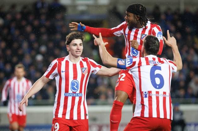 Atletico Madrid s Julian Alvarez celebrates after scoring during a soccer game between Belgian Club Brugge KV and Spanish Atletico de Madrid, in Brugge on Wednesday 18 February 2026, the first leg of the play-offs for the knockout phase of the UEFA Champions League tournament. KURTxDESPLENTER  x164157651x
