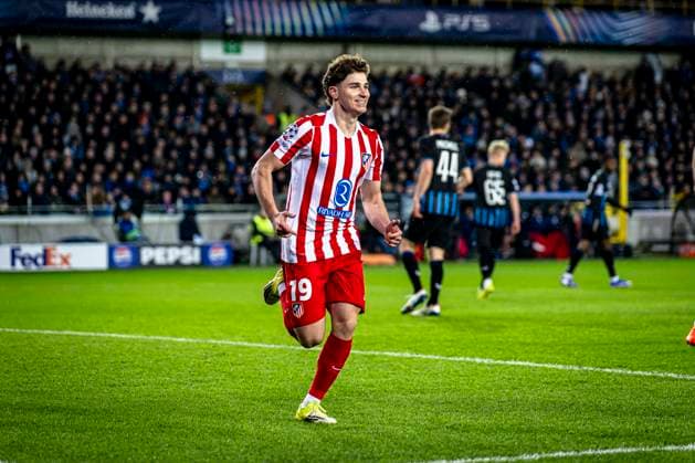 Atletico de Madrid forwarder Julian Alvarez celebrating the goal 0-1, during the match Club Brugge KV vs Atletico de Madrid at the Jan Breydelstadion for the Champions League - KO play-offs - 1st leg season 2025-2026 in BRUGGE, Belgium on 18 february 2026. (Photo by Stefan Koops EYE4IMAGES DeFodi Images) -