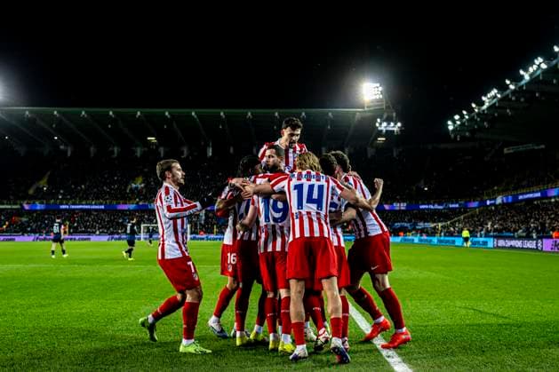 players of Atletico de Madrid celebrating the goal, during the match Club Brugge KV vs Atletico de Madrid at the Jan Breydelstadion for the Champions League - KO play-offs - 1st leg season 2025-2026 in BRUGGE, Belgium on 18 february 2026. (Photo by Stefan Koops EYE4IMAGES DeFodi Images) -
