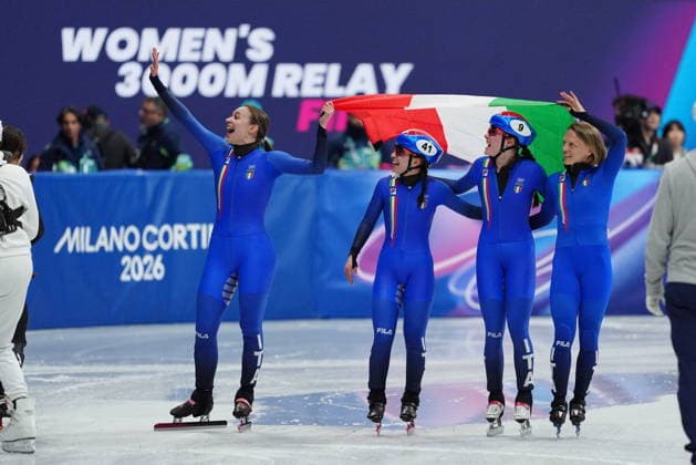Italy Team during Women s 3000m relay finals race at the 2026 Winter Olympics, in Milan, Italy, Wednesday, Feb. 18, 2026. (Photo Claudio Furlan LaPresse)  Copyright: xClaudioxFurlan LaPressex