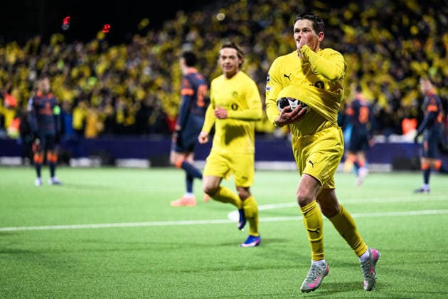 260218 Sondre Brunstad Fet of Bodo Glimt scores the 1-0 goal during the UEFA Champions League football match between Bodo Glimt and Inter on February 18, 2026 in Bodo. Photo: Marius Simensen BILDBYRAN COP 238 MM0055 bbeng football fotball fotboll soccer uefa champions league mesterligaen bodo glimt inter fc internazionale milano Copyright: MARIUSxSIMENSEN BB260218ZK140