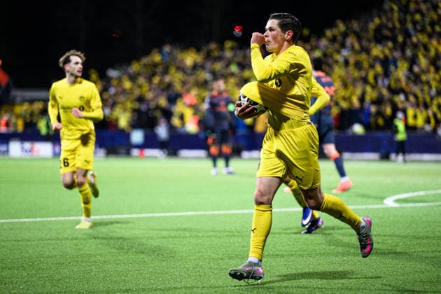 260218 Sondre Brunstad Fet of Bodo Glimt scores the 1-0 goal during the UEFA Champions League football match between Bodo Glimt and Inter on February 18, 2026 in Bodo. Photo: Marius Simensen BILDBYRAN COP 238 MM0055 bbeng football fotball fotboll soccer uefa champions league mesterligaen bodo glimt inter fc internazionale milano Copyright: MARIUSxSIMENSEN BB260218ZR136