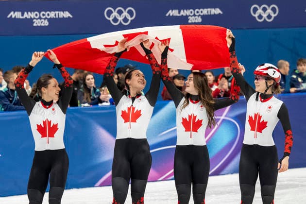 Short Track Speed skating, Eisschnelllauf - Milano Cortina 2026 Winter Olympics: Day 12 Team Canada celebrate after competing for in the short track speed skating women s 3000m relay final during the Milano Cortina 2026 Winter Olympic Games, Olympische Spiele, Olympia, OS at Milano Ice Skating Arena in Milan on February 18, 2026 Milano Italy  Copyright: xAndrzejxIwanczukx originalFilename:iwanczuk-shorttra260218_npbkc.jpg