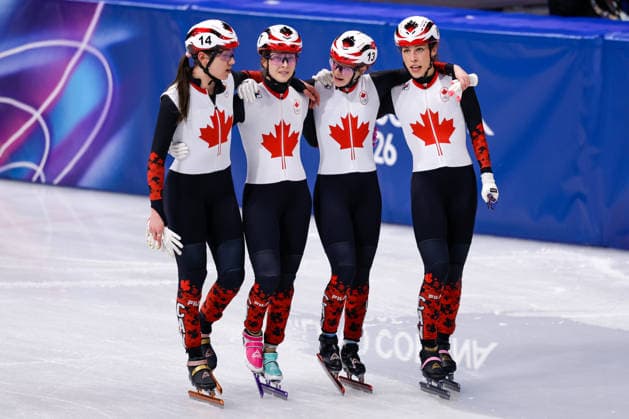 2026-02-18 Short Track Speed skating, Eisschnelllauf - Milano Cortina 2026 Winter Olympics - Day 12 MILAN, ITALY - FEBRUARY 18: Courtney Sarault of Canada, Danae Blais of Canada, Kim Boutin of Canada, Florence Brunelle of Canada celebrating after competing in the Women s 3000m Relay during Day 12 of Short Track Speed Skating - Milano Cortina 2026 Winter Olympics at Milano Ice Skating Arena on February 18, 2026 in Milan, Italy. (Photo by Joris Verwijst BSR Agency) Milan Italy Content not available for redistribution in The Netherlands directly or indirectly through any third parties. Copyright: xBSRxAgencyx