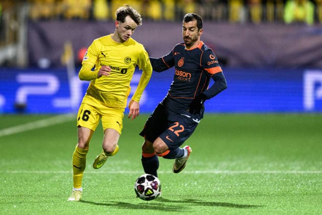 260218 Jostein Gundersen of Bodo Glimt and Henrikh Mkhitaryan of Inter during the UEFA Champions League football match between Bodo Glimt and Inter on February 18, 2026 in Bodo. Photo: Marius Simensen BILDBYRAN COP 238 MM0055 bbeng football fotball fotboll soccer uefa champions league mesterligaen bodo glimt inter fc internazionale milano Copyright: MARIUSxSIMENSEN BB260218ZS105