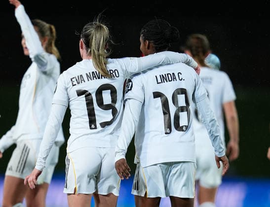 February 18, 2026, Valdebebas, Madrid, Spain: Linda Caicedo and Eva Navarro of Real Madrid CF celebrate an own goal scored by Melween N Dongala of Paris FC during the UEFA Women s Champions League 2025 26 KO play-offs Second Leg match between Real Madrid C.F. and Paris FC at Alfredo Di Stefano on February 18, 2026 in Madrid, Spain. Real Madrid C.F. V Paris FC - UEFA Women s Champions League 2025 26 KO Play-Offs Second Leg  - ZUMAa181 20260218_zaa_a181_101 Copyright: xDennisxAgyemanx