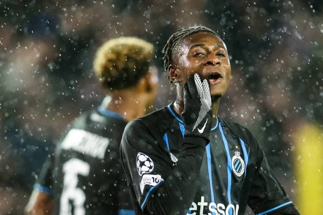 Club s Mamadou Diakhon reacts during a soccer game between Belgian Club Brugge KV and Spanish Atletico de Madrid, in Brugge on Wednesday 18 February 2026, the first leg of the play-offs for the knockout phase of the UEFA Champions League tournament. BRUNOxFAHY  x164159850x