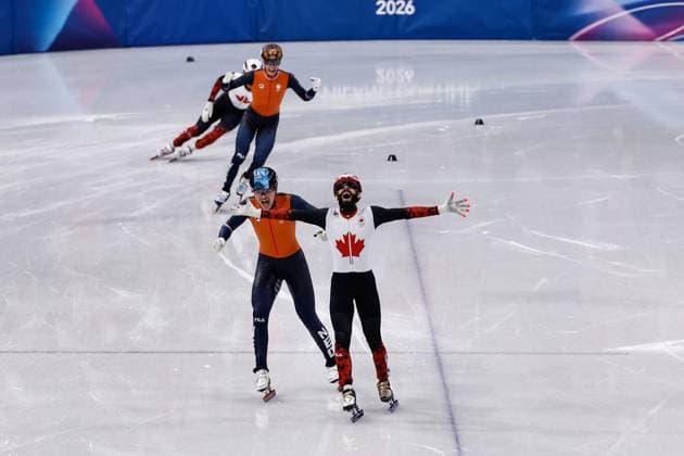MILAN , 18-02-2026 , Milano Ice Skating Arena , Olympic Winter games, Winterspiele,Spiele, Summer games 2026 - Short Track 18-02 Men™s 500m Final A, Picture shows Steven Dubois (gold0, Melle van t Wout (silver) Olympic Winter Games 2026 - Short Track 18-02  x201714570x Copyright: