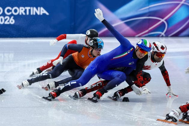 Maxime Laoun (CAN) and Pietro Sighel (ITA) fighting during the Olympic Winter games, Winterspiele,Spiele, Summer games Milano-Cortina 2026, Short Track Speed skating, Eisschnelllauf Men s 500m Finals on February 18, 2026 at Milano Ice Skating Arena in Milan, Italy  Copyright: xFabrizioxCarabelli IPAxSportx xipa-agency.netx xx IPA_71701744 IPA_Agency_IPA71701744