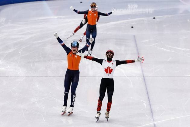 MILAN , 18-02-2026 , Milano Ice Skating Arena , Olympic Winter games, Winterspiele,Spiele, Summer games 2026 - Short Track 18-02 Men™s 500m Final A, Picture shows Steven Dubois (gold0, Melle van t Wout (silver) Olympic Winter Games 2026 - Short Track 18-02  x201714578x Copyright:
