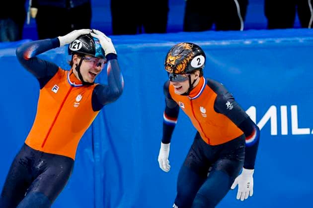 third Jens van t Wout of the Netherlands and second Melle van t Wout of the Netherlands celebrates after Men s 500m Finals, Milano Cortina 2026 Winter Olympics: Day 12, Short Track Speed skating, Eisschnelllauf - Milano Cortina 2026 Winter Olympics: Day 12, Milano Speed Skating Stadium, February 18, 2026, Milan, Italy.