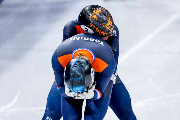 third Jens van t Wout of the Netherlands and second Melle van t Wout of the Netherlands celebrates after Men s 500m Finals, Milano Cortina 2026 Winter Olympics: Day 12, Short Track Speed skating, Eisschnelllauf - Milano Cortina 2026 Winter Olympics: Day 12, Milano Speed Skating Stadium, February 18, 2026, Milan, Italy.