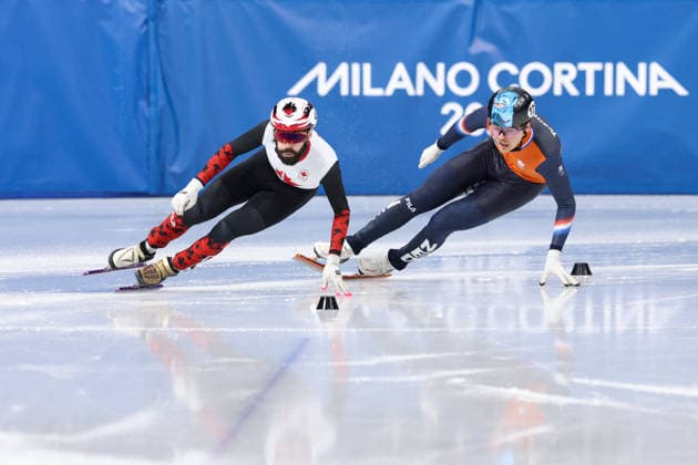 Winter Olympics - Steven Dubois Wins Gold At Speed skating, Eisschnelllauf Men s 500m Steven Dubois of Team Canada and Melle van T Wout of Team Netherlands compete during the Short Track Speed Skating Men s 500m on day twelve of the Milano Cortina 2026 Winter Olympic Games, Olympische Spiele, Olympia, OS at Milano Ice Skating Arena on February 18, 2026 in Milan, Italy. Photo by Alexis Jumeau ABACAPRESS.COM Milan Italy  Copyright: xJumeauxAlexis ABACAx