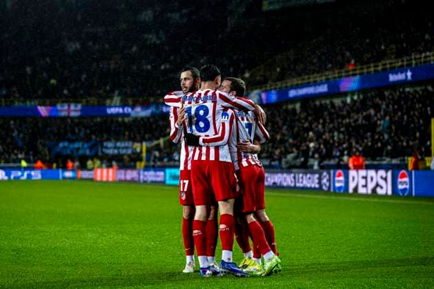 Atletico de Madrid defender David Hancko, Atletico de Madrid defender Marc Pubill, Atletico de Madrid forwarder Antoine Griezmann celebrating the goal, during the match Club Brugge KV vs Atletico de Madrid at the Jan Breydelstadion for the Champions League - KO play-offs - 1st leg season 2025-2026 in BRUGGE, Belgium on 18 february 2026. (Photo by Stefan Koops EYE4IMAGES DeFodi Images) -