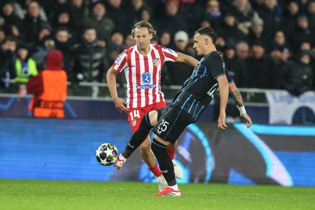 Club s Aleksandar Stankovic pictured in action during a soccer game between Belgian Club Brugge KV and Spanish Atletico de Madrid, in Brugge on Wednesday 18 February 2026, the first leg of the play-offs for the knockout phase of the UEFA Champions League tournament. BRUNOxFAHY  x164163964x