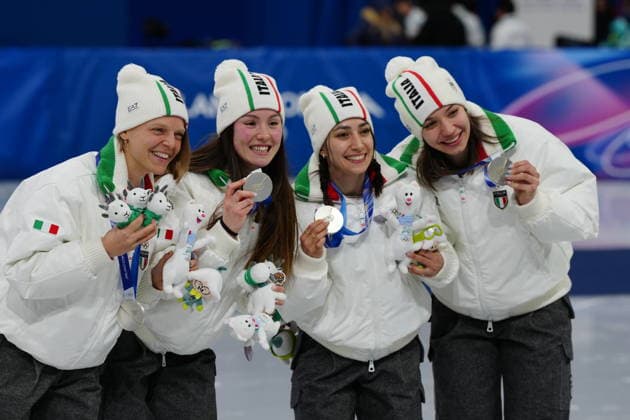 The Italian team in the 3000 m short track relay, silver medalists Arianna Fontana, Elisa Confortola, Arianna Sighel, and Chiara Betti after Women s 3000m relay finals race at the 2026 Winter Olympics, in Milan, Italy, Wednesday, Feb. 18, 2026. (Photo Claudio Furlan LaPresse)  Copyright: xClaudioxFurlan LaPressex