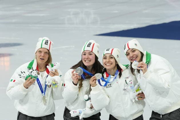 The Italian team in the 3000 m short track relay, silver medalists Arianna Fontana, Elisa Confortola, Arianna Sighel, and Chiara Betti after Women s 3000m relay finals race at the 2026 Winter Olympics, in Milan, Italy, Wednesday, Feb. 18, 2026. (Photo Gian Mattia D Alberto LaPresse)  Copyright: xGianxMattiaxD Alberto LaPressex