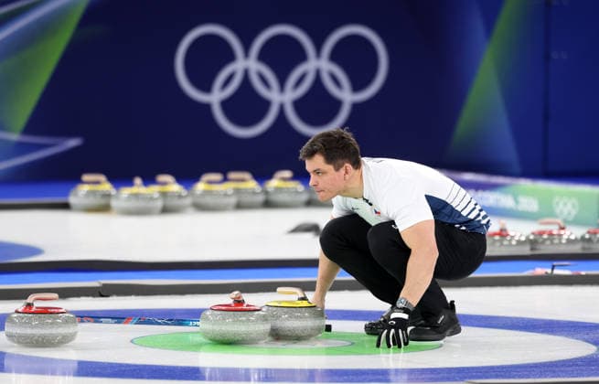 (260218) -- CORTINA D AMPEZZO, Feb. 18, 2026 -- Lukas Klima of the Czech Republic competes during the curling men s round robin session 11 match between the Czech Republic and China at the 2026 Milan-Cortina Winter Olympics in Cortina, Italy, Feb. 18, 2026. ) (MICO2026)ITALY-CORTINA D AMPEZZO-OLYMPIC Winter games, Winterspiele,Spiele, Summer games CURLING-MEN-ROUND ROBIN-CHN VS CZE DingxXu 