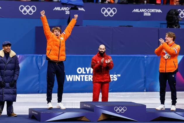 MILAN , 18-02-2026 , Milano Ice Skating Arena , Olympic Winter games, Winterspiele,Spiele, Summer games 2026 - Short Track 18-02 Men™s 500m , Picture shows Melle van t Wout (silver), Steven Dubois (gold), Jens van t Wout (bronze) Olympic Winter Games 2026 - Short Track 18-02  x201715217x Copyright:
