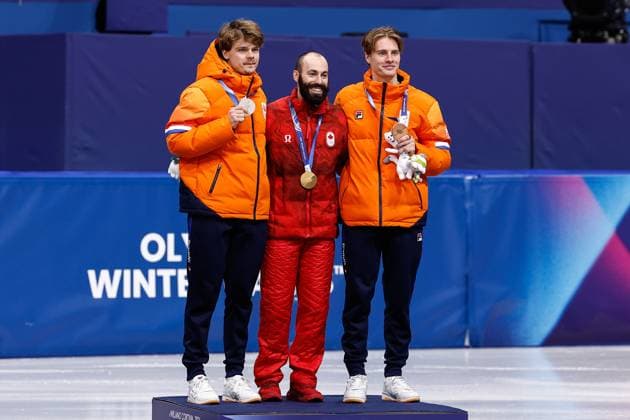 MILAN , 18-02-2026 , Milano Ice Skating Arena , Olympic Winter games, Winterspiele,Spiele, Summer games 2026 - Short Track 18-02 Men™s 500m , Picture shows Melle van t Wout (silver), Steven Dubois (gold), Jens van t Wout (bronze) Olympic Winter Games 2026 - Short Track 18-02  x201715242x Copyright: