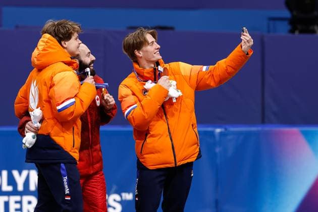 MILAN , 18-02-2026 , Milano Ice Skating Arena , Olympic Winter games, Winterspiele,Spiele, Summer games 2026 - Short Track 18-02 Men™s 500m , Picture shows Melle van t Wout (silver), Steven Dubois (gold), Jens van t Wout (bronze) Olympic Winter Games 2026 - Short Track 18-02  x201715252x Copyright: