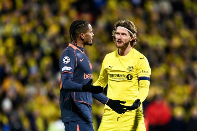 260218 Manuel Akanji of Inter and Kasper Hogh of Bodo Glimt during the UEFA Champions League football match between Bodo Glimt and Inter on February 18, 2026 in Bodo. Photo: Marius Simensen BILDBYRAN COP 238 MM0055 bbeng football fotball fotboll soccer uefa champions league mesterligaen bodo glimt inter fc internazionale milano Copyright: MARIUSxSIMENSEN BB260218ZB145
