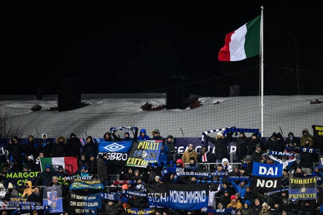 260218 Fans of Inter during the UEFA Champions League football match between Bodo Glimt and Inter on February 18, 2026 in Bodo. Photo: Marius Simensen BILDBYRAN COP 238 MM0055 bbeng football fotball fotboll soccer uefa champions league mesterligaen bodo glimt inter fc internazionale milano publik Copyright: MARIUSxSIMENSEN BB260218ZR148