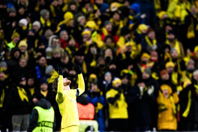 260218 Kasper Hogh of Bodo Glimt celebrates after 3-1 during the UEFA Champions League football match between Bodo Glimt and Inter on February 18, 2026 in Bodo. Photo: Marius Simensen BILDBYRAN COP 238 MM0055 bbeng football fotball fotboll soccer uefa champions league mesterligaen bodo glimt inter fc internazionale milano jubel Copyright: MARIUSxSIMENSEN BB260218ZI159