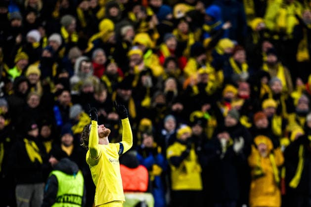 260218 Kasper Hogh of Bodo Glimt celebrates after 3-1 during the UEFA Champions League football match between Bodo Glimt and Inter on February 18, 2026 in Bodo. Photo: Marius Simensen BILDBYRAN COP 238 MM0055 bbeng football fotball fotboll soccer uefa champions league mesterligaen bodo glimt inter fc internazionale milano jubel Copyright: MARIUSxSIMENSEN BB260218ZH156