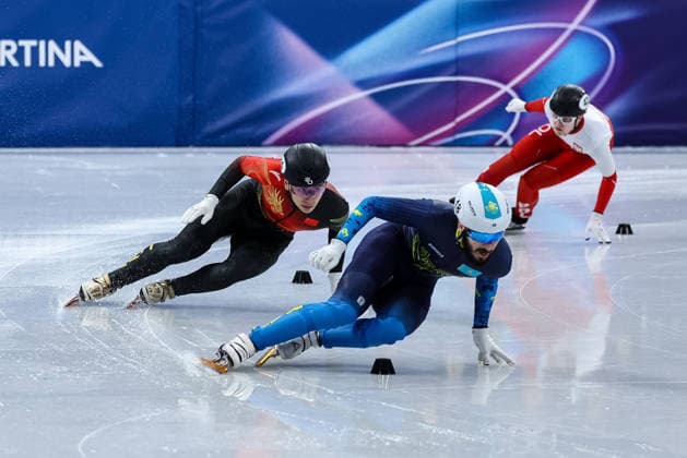 Denis Nikisha (KAZ) followed by Shaoang Liu (CHN), Felix Pigeon (POL) during the Olympic Winter games, Winterspiele,Spiele, Summer games Milano-Cortina 2026, Short Track Speed skating, Eisschnelllauf Men s 500m Finals on February 18, 2026 at Milano Ice Skating Arena in Milan, Italy  Copyright: xFabrizioxCarabelli IPAxSportx xipa-agency.netx xx IPA_71704193 IPA_Agency_IPA71704193