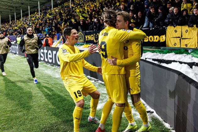 260218 Jens Petter Hauge of Bodo Glimt celebrate with teammates after 2-1 during the UEFA Champions League football match between Bodo Glimt and Inter on February 18, 2026 in Bodo. Photo: Marius Simensen BILDBYRAN COP 238 MM0055 bbeng football fotball fotboll soccer uefa champions league mesterligaen bodo glimt inter fc internazionale milano jubel Copyright: MARIUSxSIMENSEN BB260218ZH158