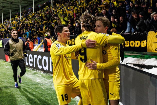 260218 Jens Petter Hauge of Bodo Glimt celebrate with teammates after 2-1 during the UEFA Champions League football match between Bodo Glimt and Inter on February 18, 2026 in Bodo. Photo: Marius Simensen BILDBYRAN COP 238 MM0055 bbeng football fotball fotboll soccer uefa champions league mesterligaen bodo glimt inter fc internazionale milano jubel Copyright: MARIUSxSIMENSEN BB260218ZR150