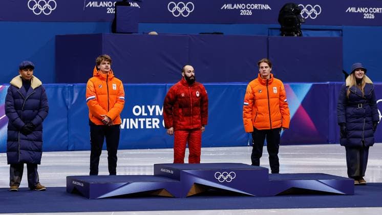 MILAN , 18-02-2026 , Milano Ice Skating Arena , Olympic Winter games, Winterspiele,Spiele, Summer games 2026 - Short Track 18-02 Men™s 500m , Picture shows Melle van t Wout (silver), Steven Dubois (gold), Jens van t Wout (bronze) Olympic Winter Games 2026 - Short Track 18-02  x201715314x Copyright: