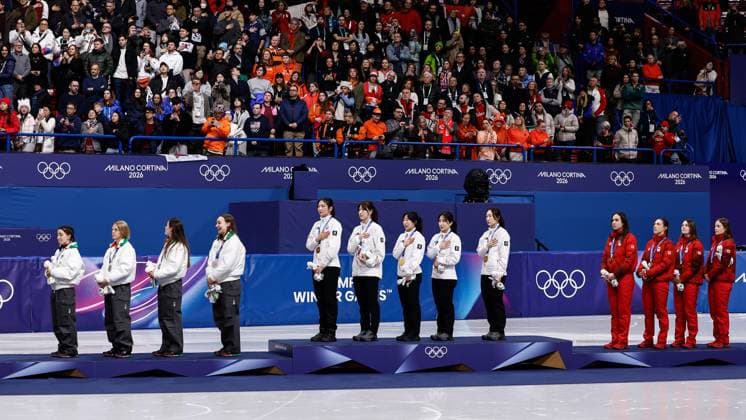 MILAN , 18-02-2026 , Milano Ice Skating Arena , Olympic Winter games, Winterspiele,Spiele, Summer games 2026 - Short Track 18-02 Women™s 3000m relay, Picture shows team Italy (silver) , Republic of Korea (gold), Canada (bronze) Olympic Winter Games 2026 - Short Track 18-02  x201715659x Copyright: