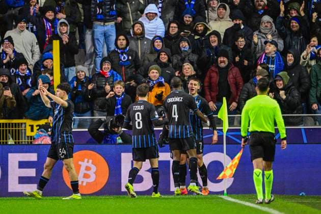 Club Brugge v Atletico de Madrid - UEFA Champions League BRUGGE, BELGIUM - FEBRUARY 18 : Tresoldi Nicolo forward of Club Brugge celebrating scoring a goal during the UEFA Champions League 2025 26 knockout phase play-off match first leg between Club Brugge and Atletico de Madrid on February 18, 2026 in Brugge, Belgium, 18 02 2026 Brugge Belgium  Copyright: xJanxDexMeuleneirx
