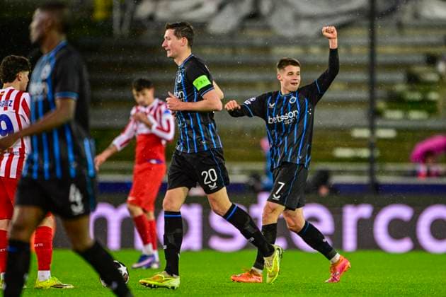 Club Brugge v Atletico de Madrid - UEFA Champions League BRUGGE, BELGIUM - FEBRUARY 18 : Tresoldi Nicolo forward of Club Brugge celebrating scoring a goal during the UEFA Champions League 2025 26 knockout phase play-off match first leg between Club Brugge and Atletico de Madrid on February 18, 2026 in Brugge, Belgium, 18 02 2026 Brugge Belgium  Copyright: xJanxDexMeuleneirx