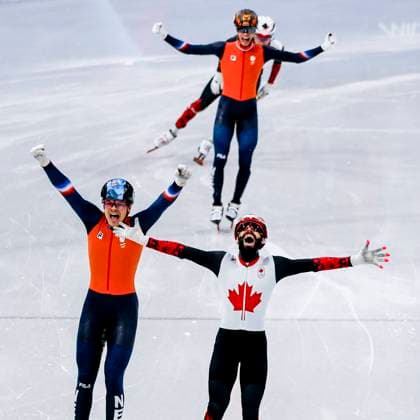 winner Steven Dubois of Canada and second Melle van t Wout of the Netherlands and third Jens van t Wout of the Netherlands celebrates after Men s 500m Finals, Milano Cortina 2026 Winter Olympics: Day 12, Short Track Speed skating, Eisschnelllauf - Milano Cortina 2026 Winter Olympics: Day 12, Milano Speed Skating Stadium, February 18, 2026, Milan, Italy.