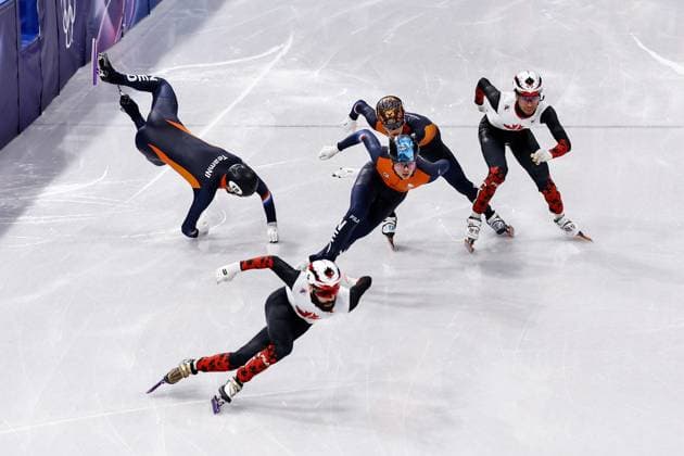 MILAN , 18-02-2026 , Milano Ice Skating Arena , Olympic Winter games, Winterspiele,Spiele, Summer games 2026 - Short Track 18-02 Men™s 500m Final A, Picture shows Jens van t Wout, Steven Dubois, Melle van t Wout, Teun Boer (falls), William Dandjinou Olympic Winter Games 2026 - Short Track 18-02  x201715770x Copyright: