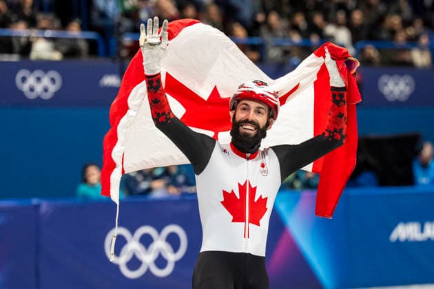 Short Track Speed skating, Eisschnelllauf - Milano Cortina 2026 Winter Olympics: Day 12 Canada s Steven Dubois celebrates his victory on the Short Track Speed Skating Men s 500m Final during Milano Cortina 2026 Winter Olympics - Day 14 on February 18, 2026 in Milan, Italy. Milano Italy  Copyright: xAndrzejxIwanczukx originalFilename:iwanczuk-shorttra260218_npuJA.jpg