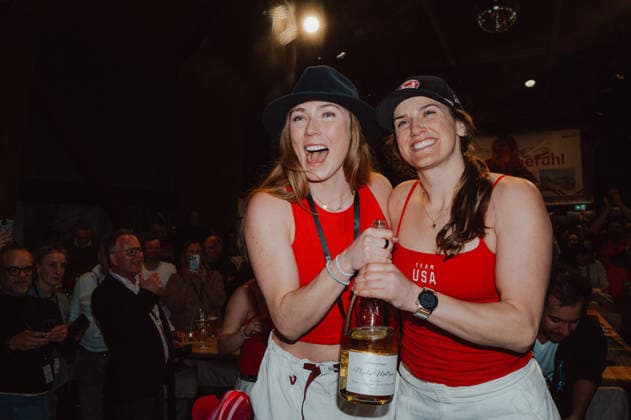 OLYMPICS - Winter Olympic Games, Olympische Spiele, Olympia, OS Milano Cortina 2026 CORTINA D AMPEZZO,ITALY,18.FEB.26 - OLYMPICS - Winter Olympic Games Milano Cortina 2026, Austria House, Raiffeisen-Abend. Image shows the rejoicing of Mikaela Shiffrin (USA) and Paula Moltzan (USA).  GEPAxpictures xAlexanderxSolc
